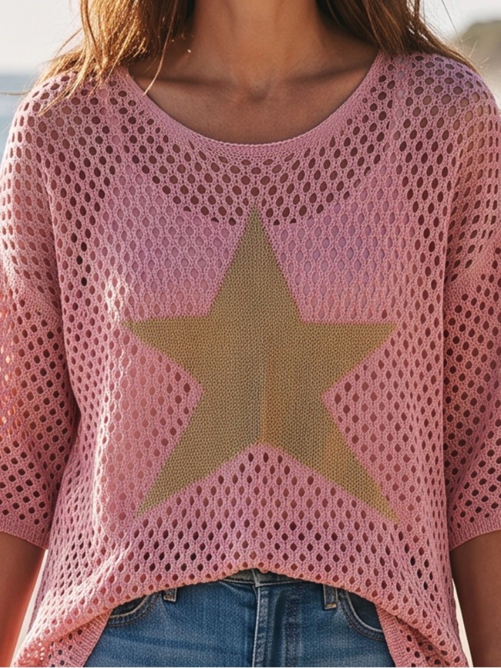 Pink Star Mesh Beach Cover-Up Sweater